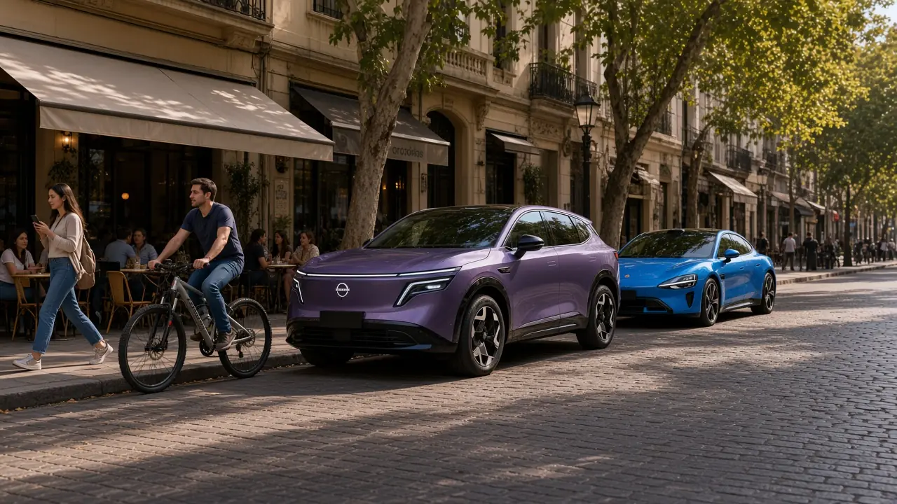 Nissan NX8 and Xiaomi SU7 on a Palermo café street in Buenos Aires, with a cyclist and café patrons