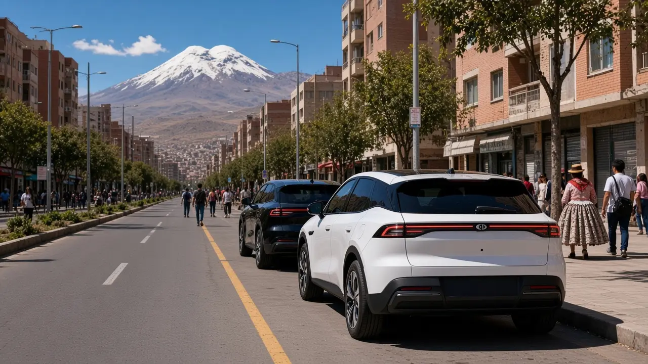 White and black Changan Qiyuan Q05 on El Prado in La Paz