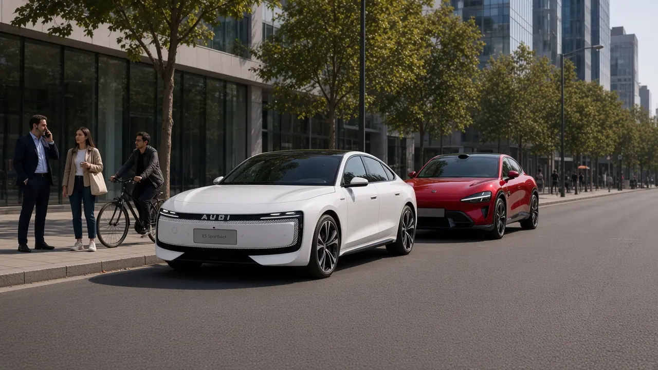 AUDI E5 Sportback and Xiaomi YU7 parked along the curb on Avenida Apoquindo in Santiago, pedestrians on the sidewalk