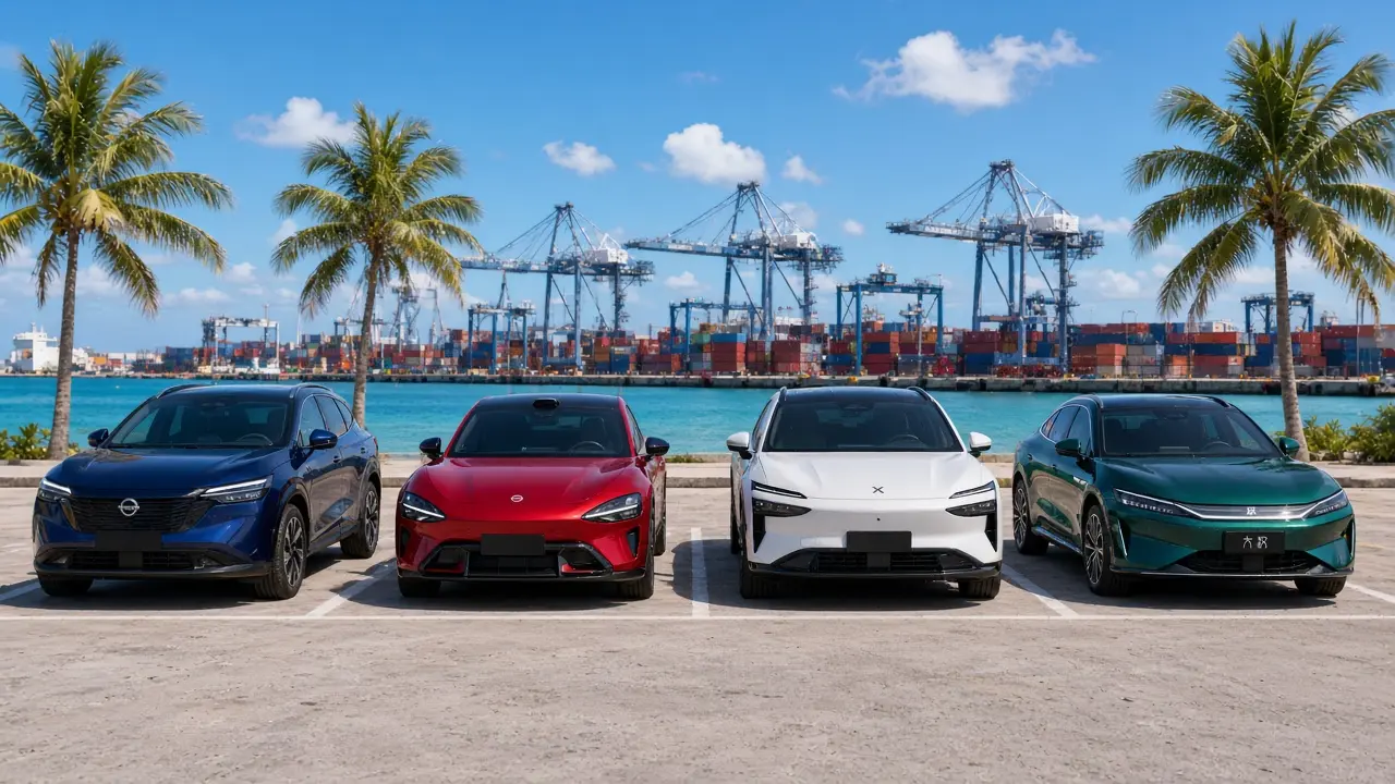 Nissan NX8, Xiaomi YU7, Zeekr 7X and BYD Han in different colors on the Caucedo apron