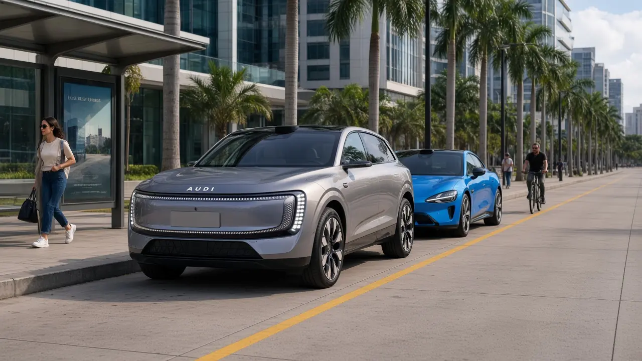 AUDI E7X and Xiaomi SU7 parked at the curb on Avenida Winston Churchill in Santo Domingo, bus-stop wait and cyclist on the sidewalk