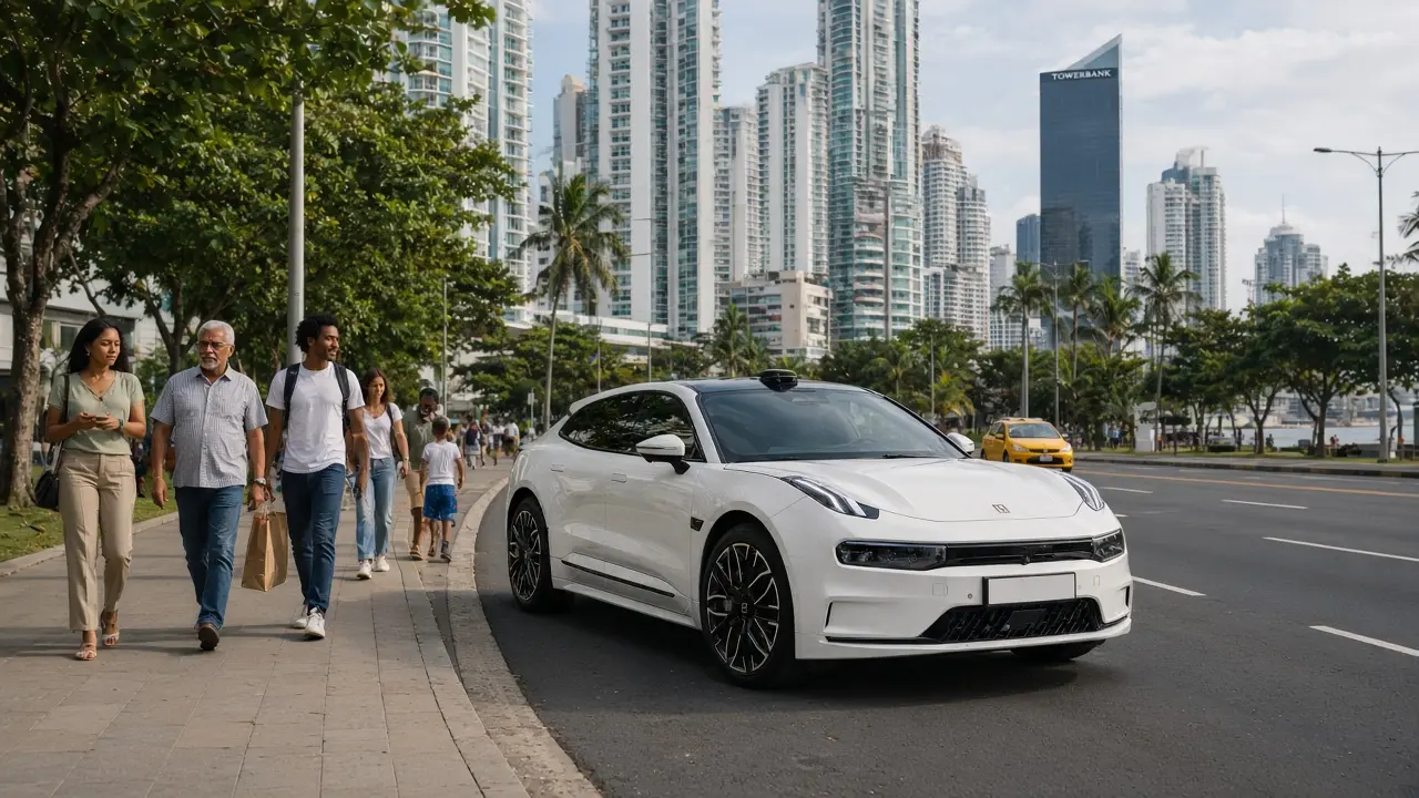 White Zeekr 001 on Avenida Balboa in Panama City