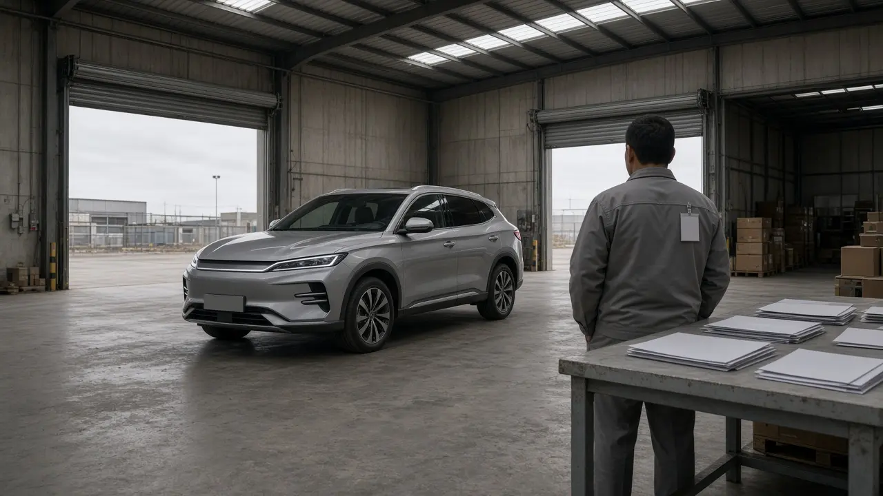 Silver BYD SUV in a bonded warehouse during pre-delivery inspection, with export paperwork on the desk